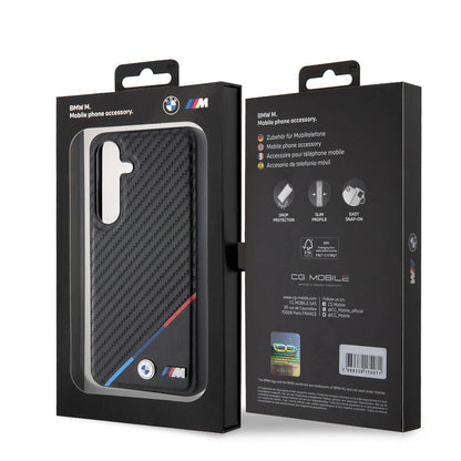 Galaxy S24 Plus Kılıf BMW Orjinal Lisanslı M-safe Şarj Özellikli M Logolu Üç Çizgili PU Karbon Kapak Siyah