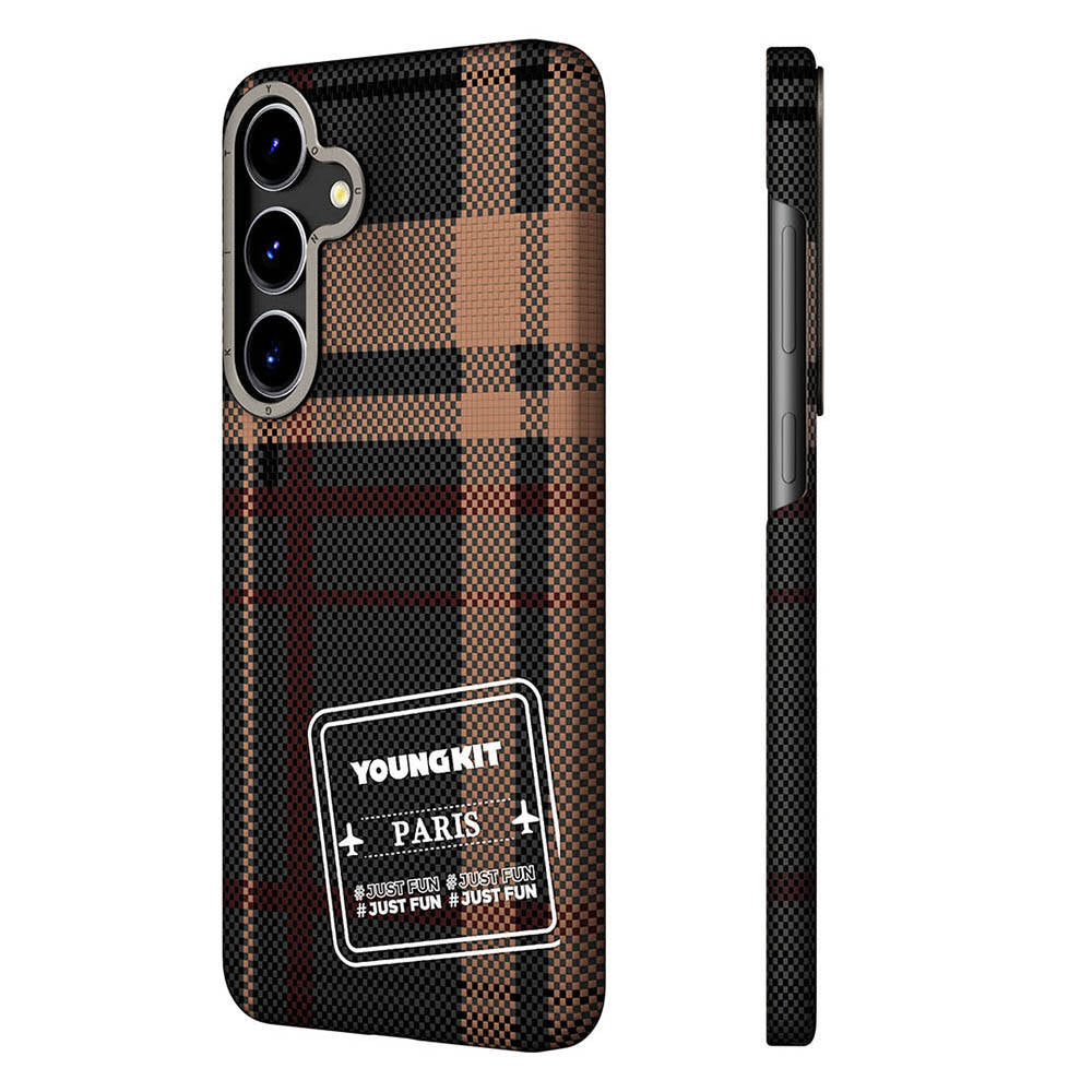 Galaxy S24 Plus Plaid Patterned Youngkit Gezhi Series Cover Brown 