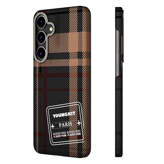 Galaxy S24 Plus Plaid Patterned Youngkit Gezhi Series Cover Brown 