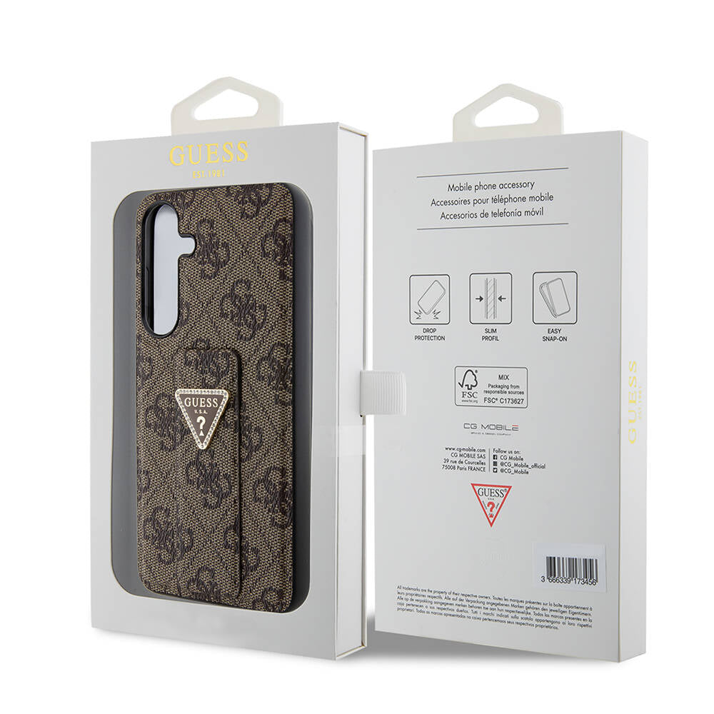 Galaxy S24 Plus Case Guess Original Licensed 4G Patterned Triangle Logo Stand Leather Cover Brown