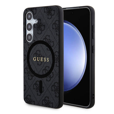 Galaxy S24 Plus Case Guess Original Licensed M-safe Charging Feature PU Ring 4G Patterned Text Logo Cover Black