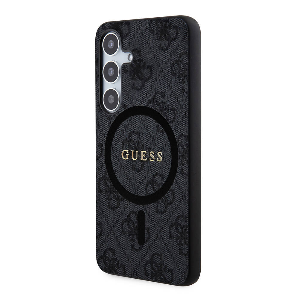 Galaxy S24 Plus Case Guess Original Licensed M-safe Charging Feature PU Ring 4G Patterned Text Logo Cover Black