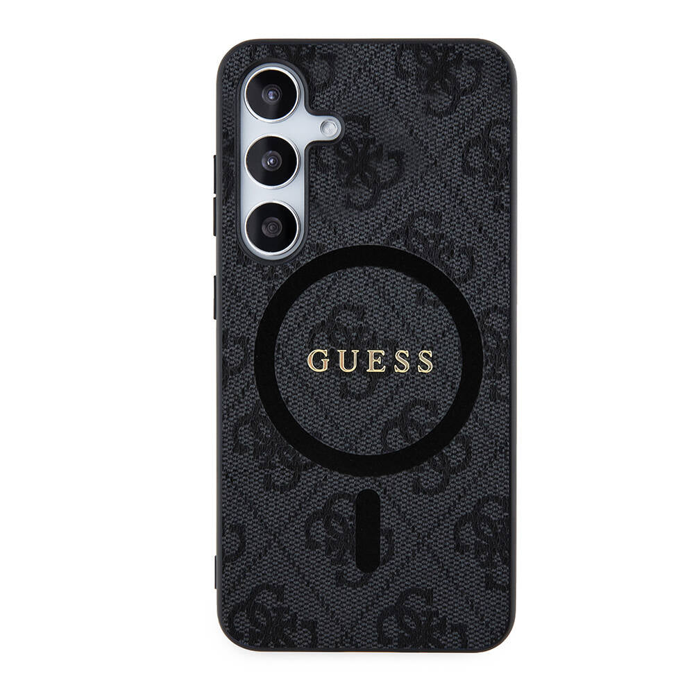 Galaxy S24 Plus Case Guess Original Licensed M-safe Charging Feature PU Ring 4G Patterned Text Logo Cover Black