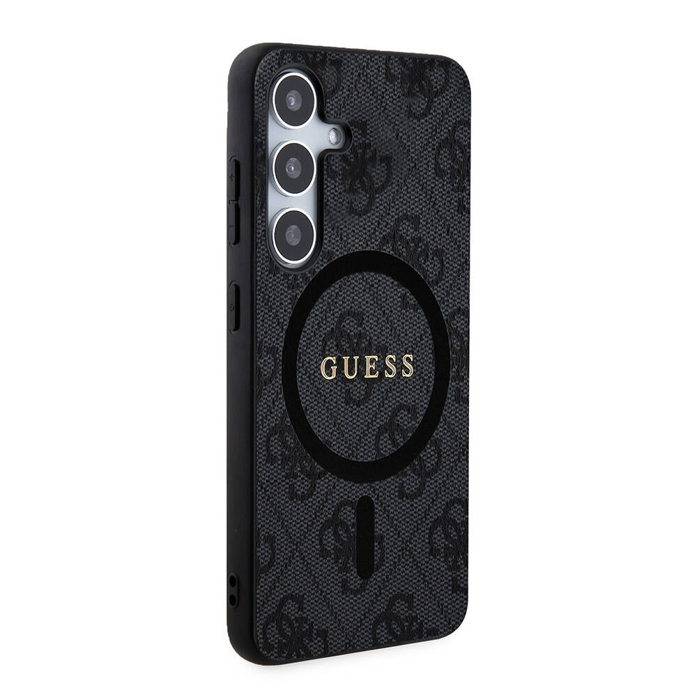 Galaxy S24 Plus Case Guess Original Licensed M-safe Charging Feature PU Ring 4G Patterned Text Logo Cover Black