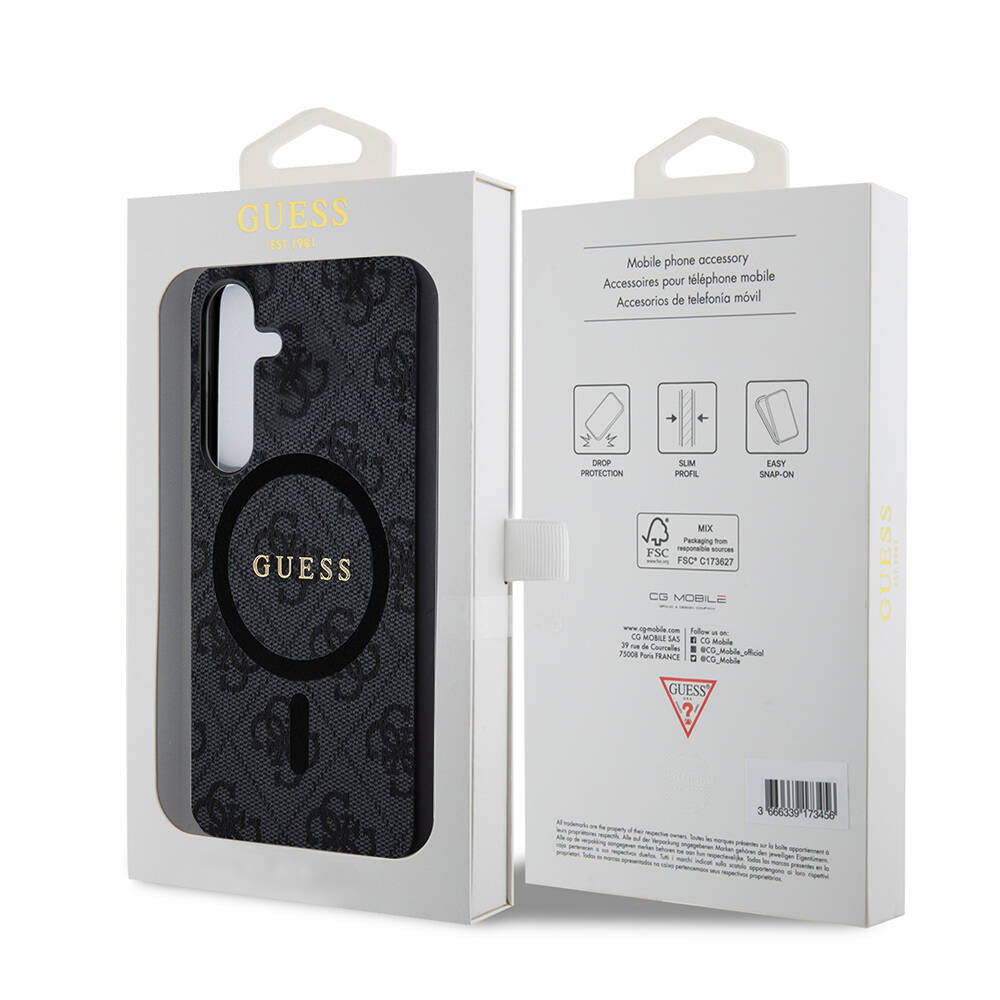 Galaxy S24 Plus Case Guess Original Licensed M-safe Charging Feature PU Ring 4G Patterned Text Logo Cover Black