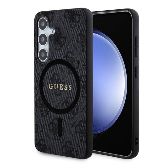 Galaxy S24 Plus Case Guess Original Licensed M-safe Charging Feature PU Ring 4G Patterned Text Logo Cover Black
