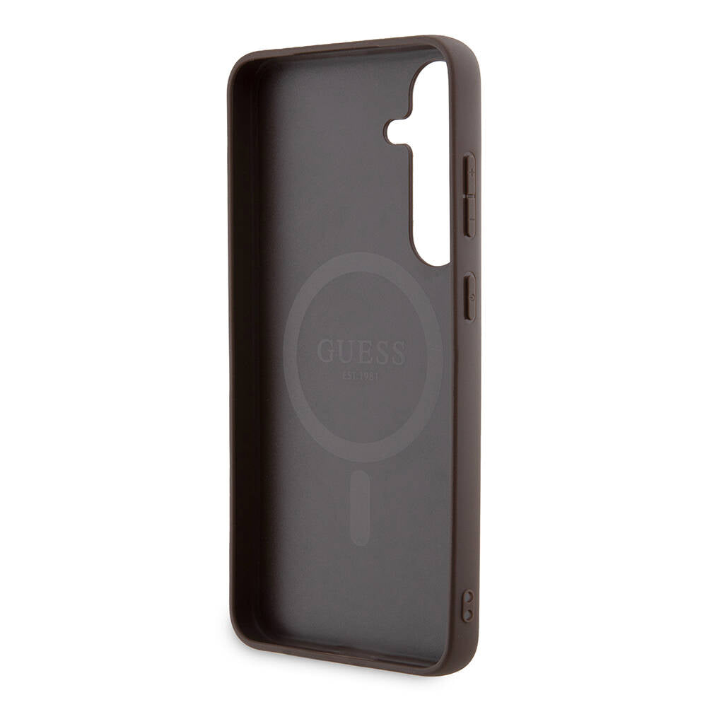Galaxy S24 Plus Case Guess Original Licensed M-safe Charging Feature PU Ring 4G Patterned Text Logo Cover Brown