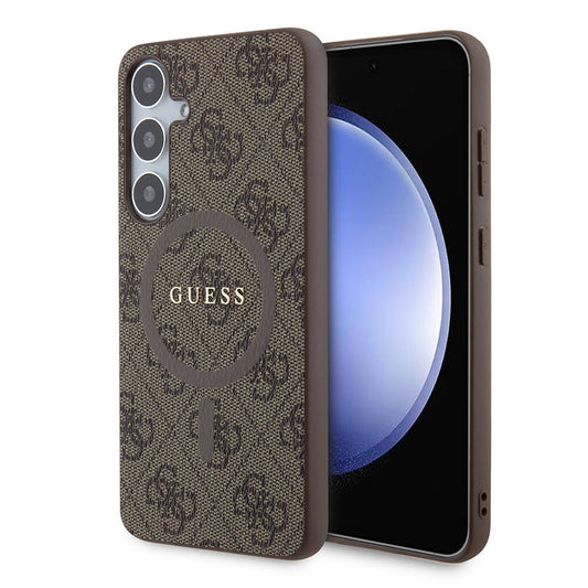 Galaxy S24 Plus Case Guess Original Licensed M-safe Charging Feature PU Ring 4G Patterned Text Logo Cover Brown