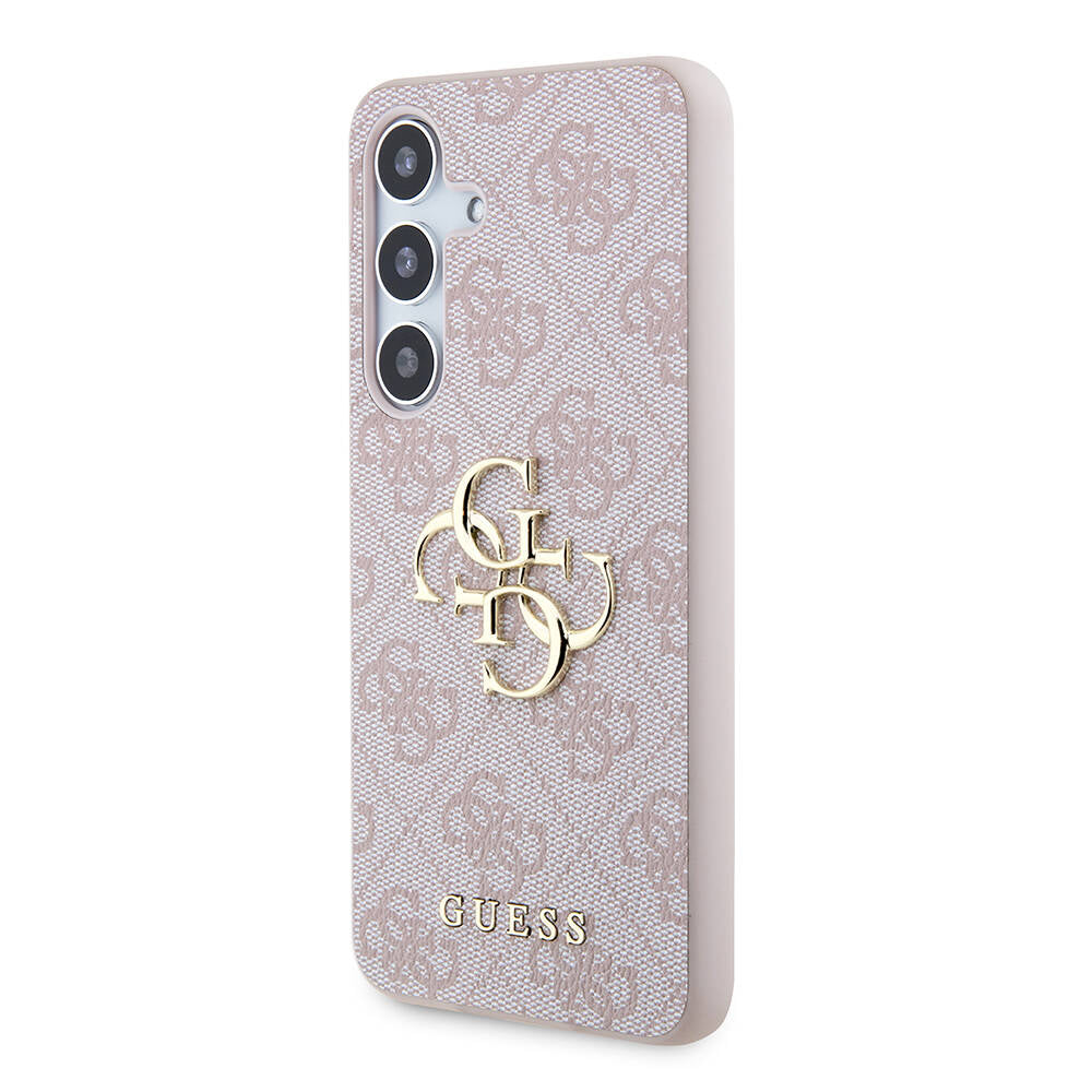 Galaxy S24 Plus Case Guess Original Licensed PU Leather Cover with Text and 4G Metal Logo Pattern Pink