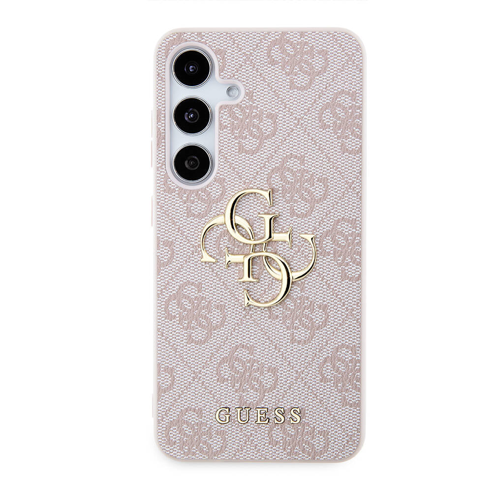 Galaxy S24 Plus Case Guess Original Licensed PU Leather Cover with Text and 4G Metal Logo Pattern Pink