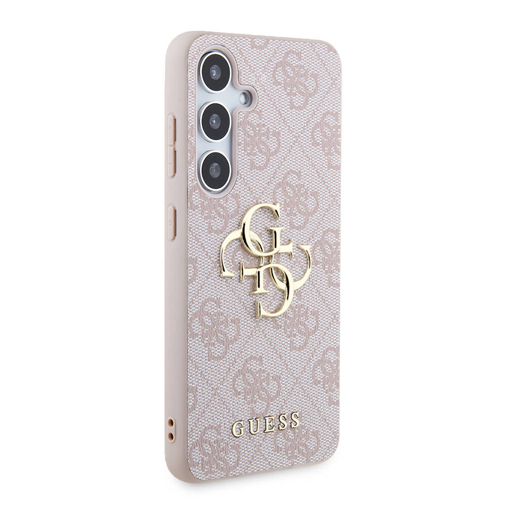 Galaxy S24 Plus Case Guess Original Licensed PU Leather Cover with Text and 4G Metal Logo Pattern Pink