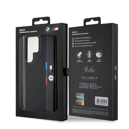 Galaxy S24 Ultra Kılıf BMW Orjinal Lisanslı M Logolu Üç Renk Çizgili Delikli Detail Line Kapak Siyah