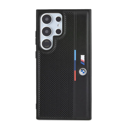 Galaxy S24 Ultra Kılıf BMW Orjinal Lisanslı M Logolu Üç Renk Çizgili Delikli Detail Line Kapak Siyah