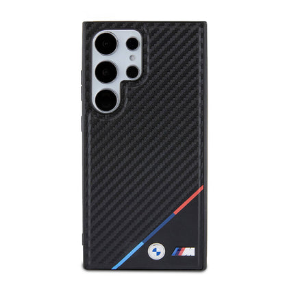 Galaxy S24 Ultra Kılıf BMW Orjinal Lisanslı M-safe Şarj Özellikli M Logolu Üç Çizgili PU Karbon Kapak Siyah