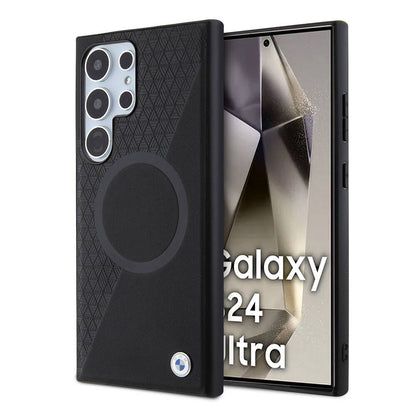Galaxy S24 Ultra Kılıf BMW Orjinal Lisanslı M-safe Şarj Özellikli Yarım Dokulu Circle Leather Kapak Siyah