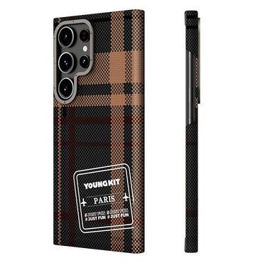 Galaxy S24 Ultra Plaid Patterned Youngkit Gezhi Series Cover Brown 
