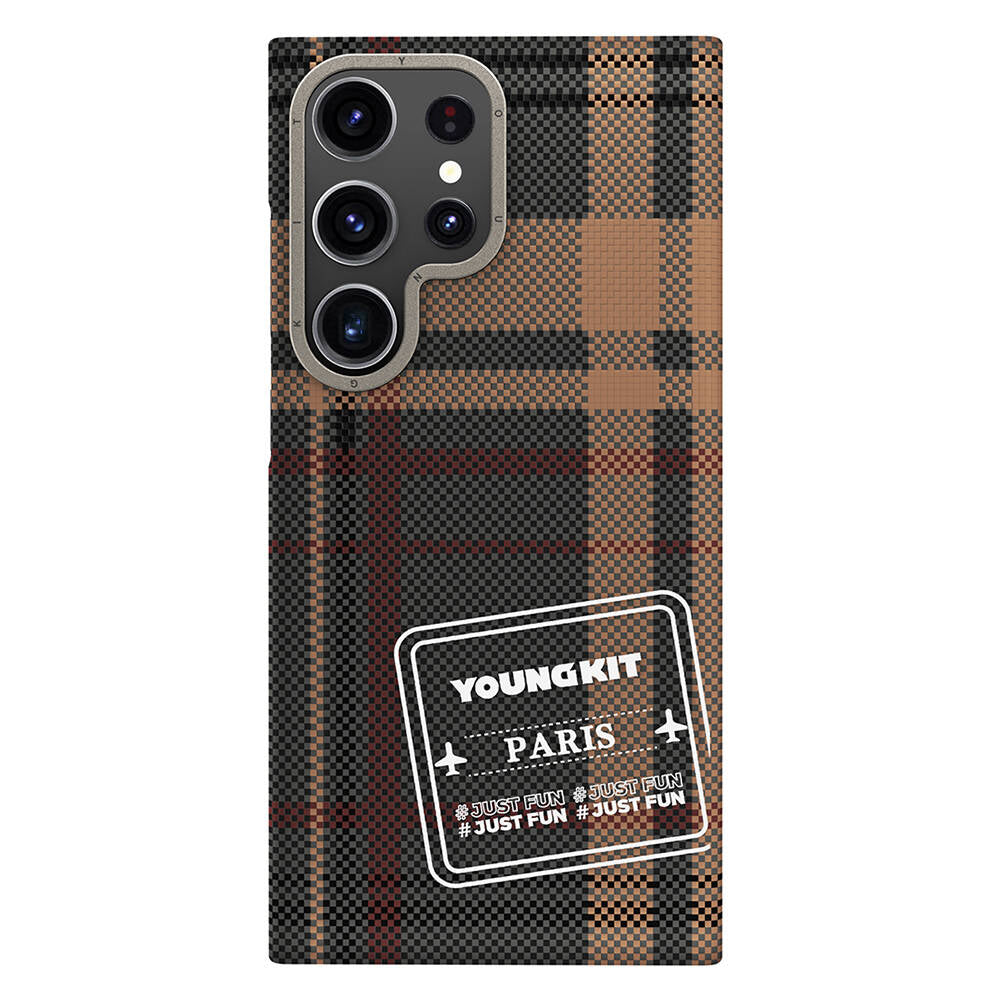 Galaxy S24 Ultra Plaid Patterned Youngkit Gezhi Series Cover Brown 