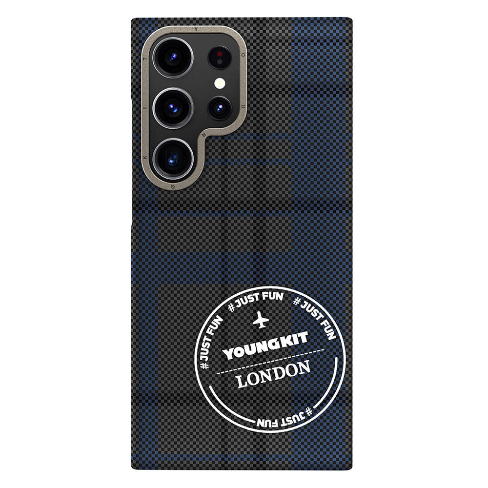 Galaxy S24 Ultra Plaid Patterned Case Youngkit Gezhi Series Cover Blue 