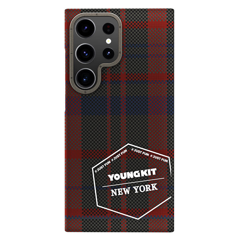 Galaxy S24 Ultra Plaid Patterned Case Youngkit Gezhi Series Cover Blue 