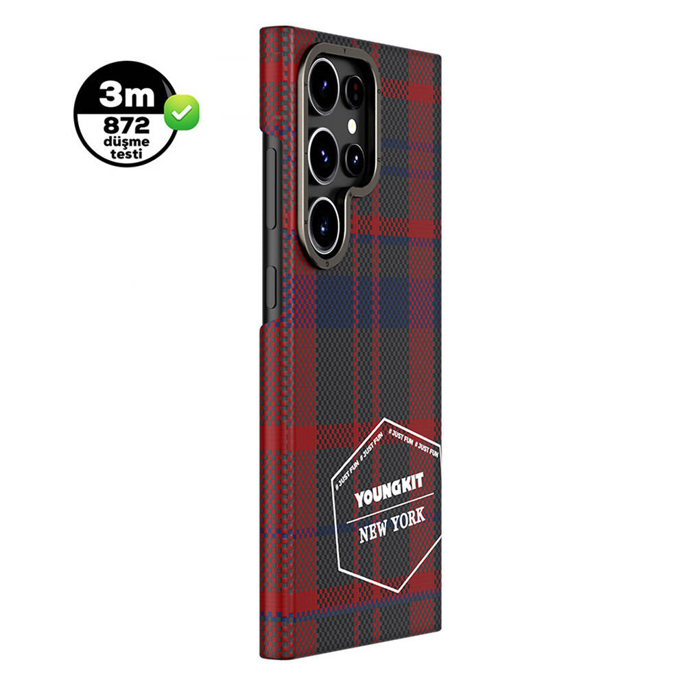 Galaxy S24 Ultra Plaid Patterned Youngkit Gezhi Series Cover Brown 