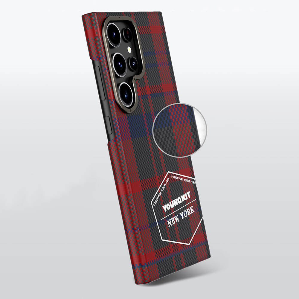 Galaxy S24 Ultra Plaid Patterned Case Youngkit Gezhi Series Cover Blue 