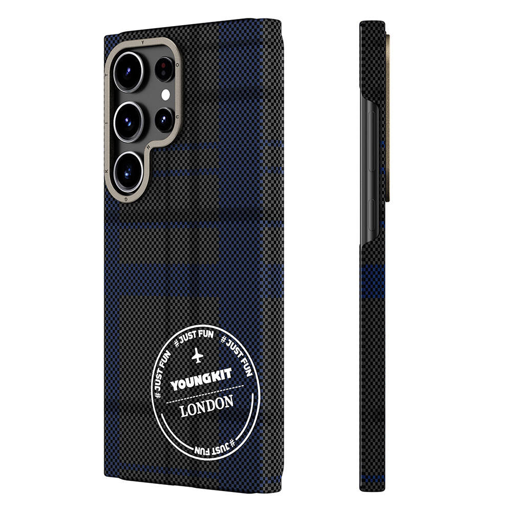 Galaxy S24 Ultra Plaid Patterned Case Youngkit Gezhi Series Cover Blue 