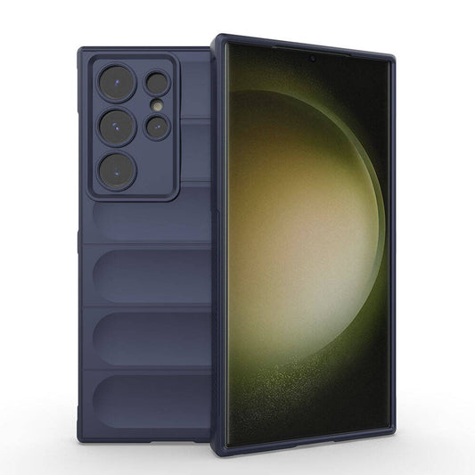 Galaxy S24 Ultra Case Flexible TPU Hollow Back Surface Design Zore Ethnic Silicone Cover Navy Blue