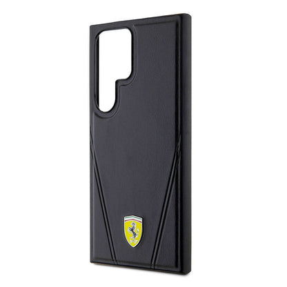 Galaxy S24 Ultra Kılıf Ferrari Orjinal Lisanslı M-safe Şarj Özellikli Sıcak Baskı V Çizgili Deri Kapak Siyah