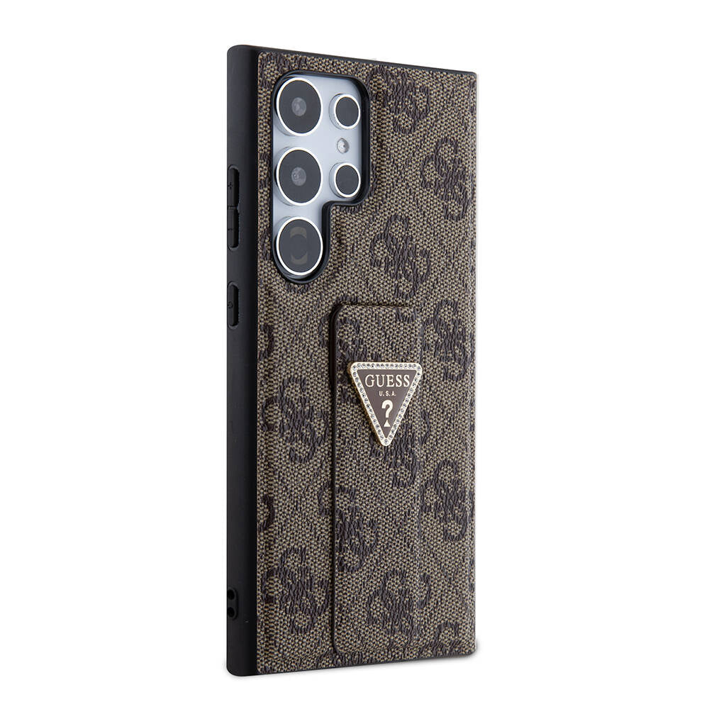 Galaxy S24 Ultra Case Guess Original Licensed 4G Patterned Triangle Logo Stand Leather Cover Brown