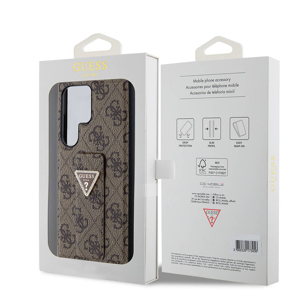 Galaxy S24 Ultra Case Guess Original Licensed 4G Patterned Triangle Logo Stand Leather Cover Brown