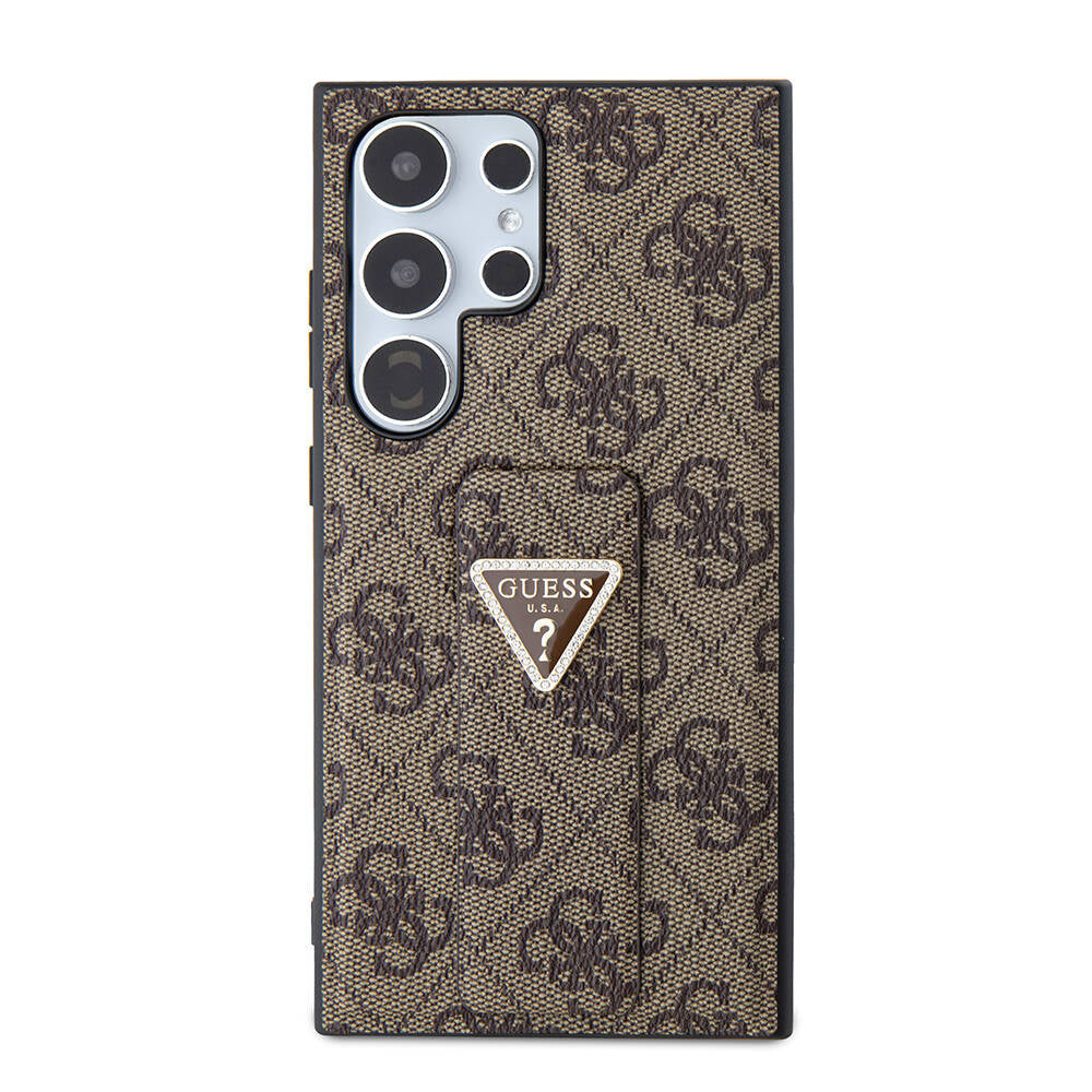 Galaxy S24 Ultra Case Guess Original Licensed 4G Patterned Triangle Logo Stand Leather Cover Brown