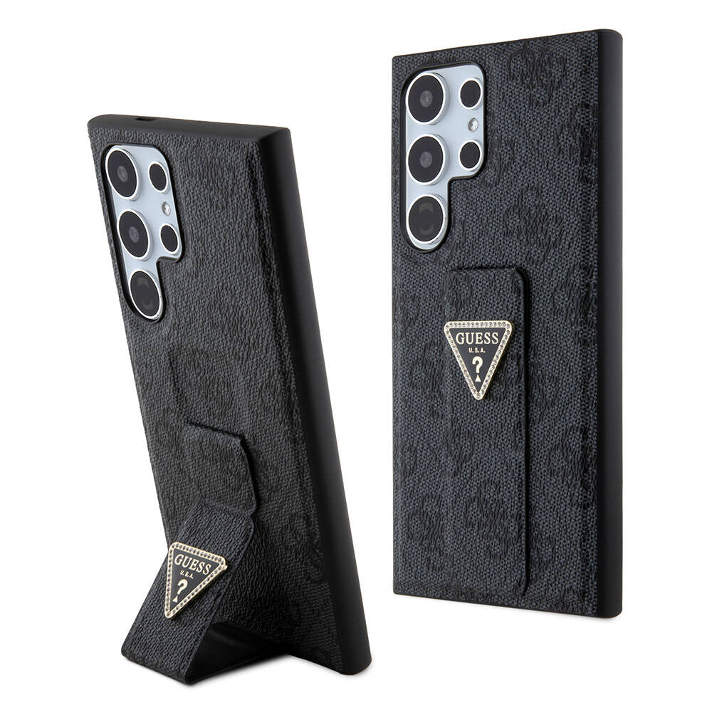 Galaxy S24 Ultra Case Guess Original Licensed 4G Patterned Triangle Logo Stand Leather Cover Black