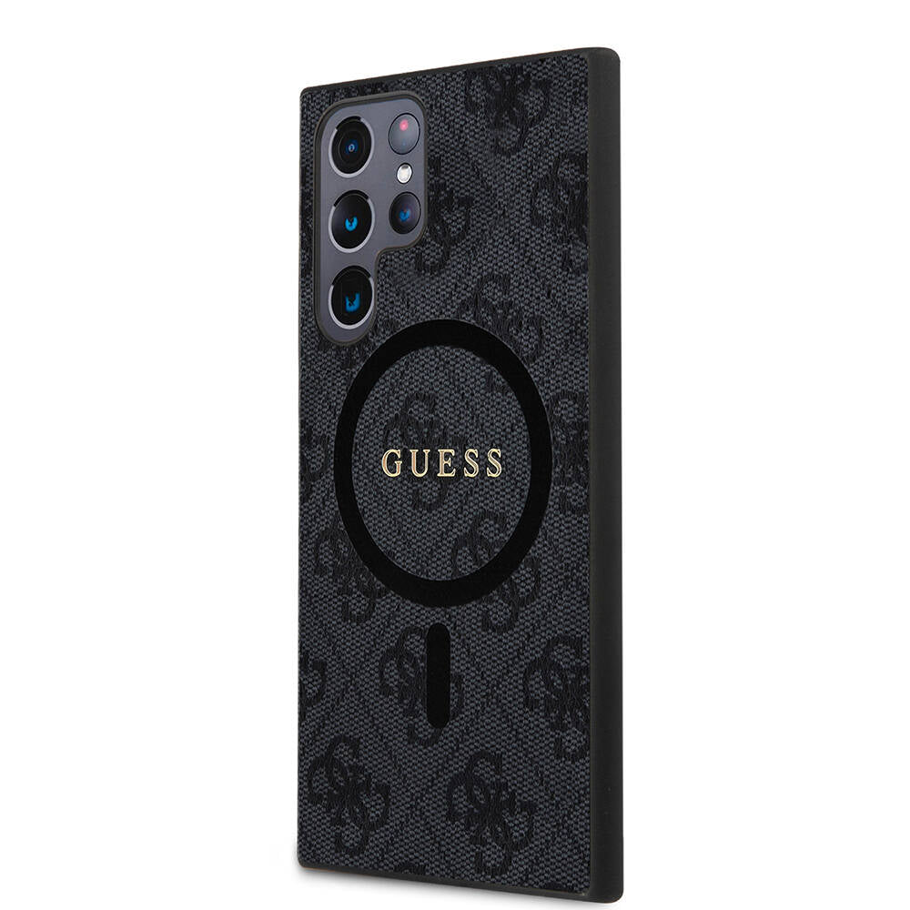 Galaxy S24 Ultra Case Guess Original Licensed M-safe Charging Feature PU Ring 4G Patterned Text Logo Cover Brown