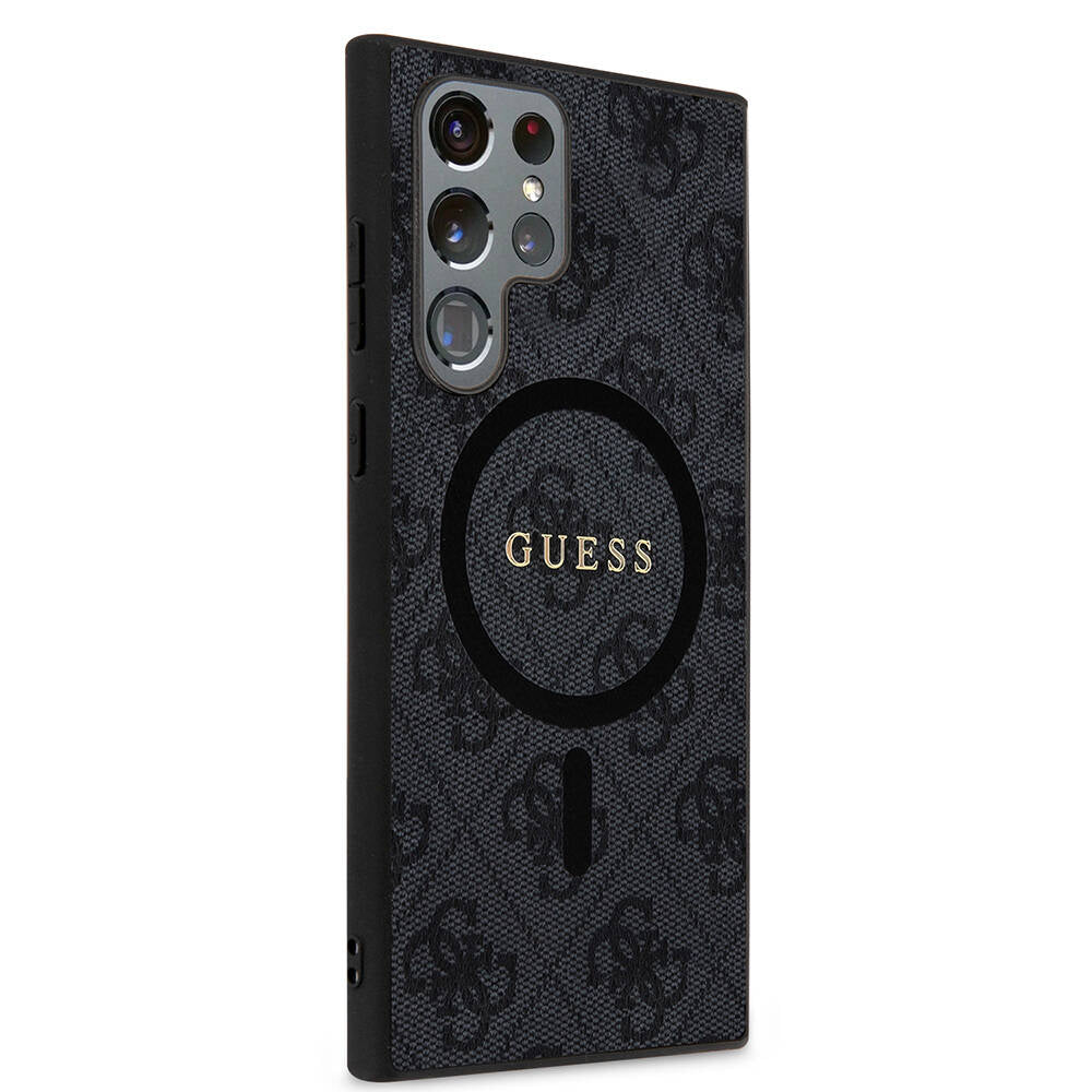 Galaxy S24 Ultra Case Guess Original Licensed M-safe Charging Feature PU Ring 4G Patterned Text Logo Cover Black