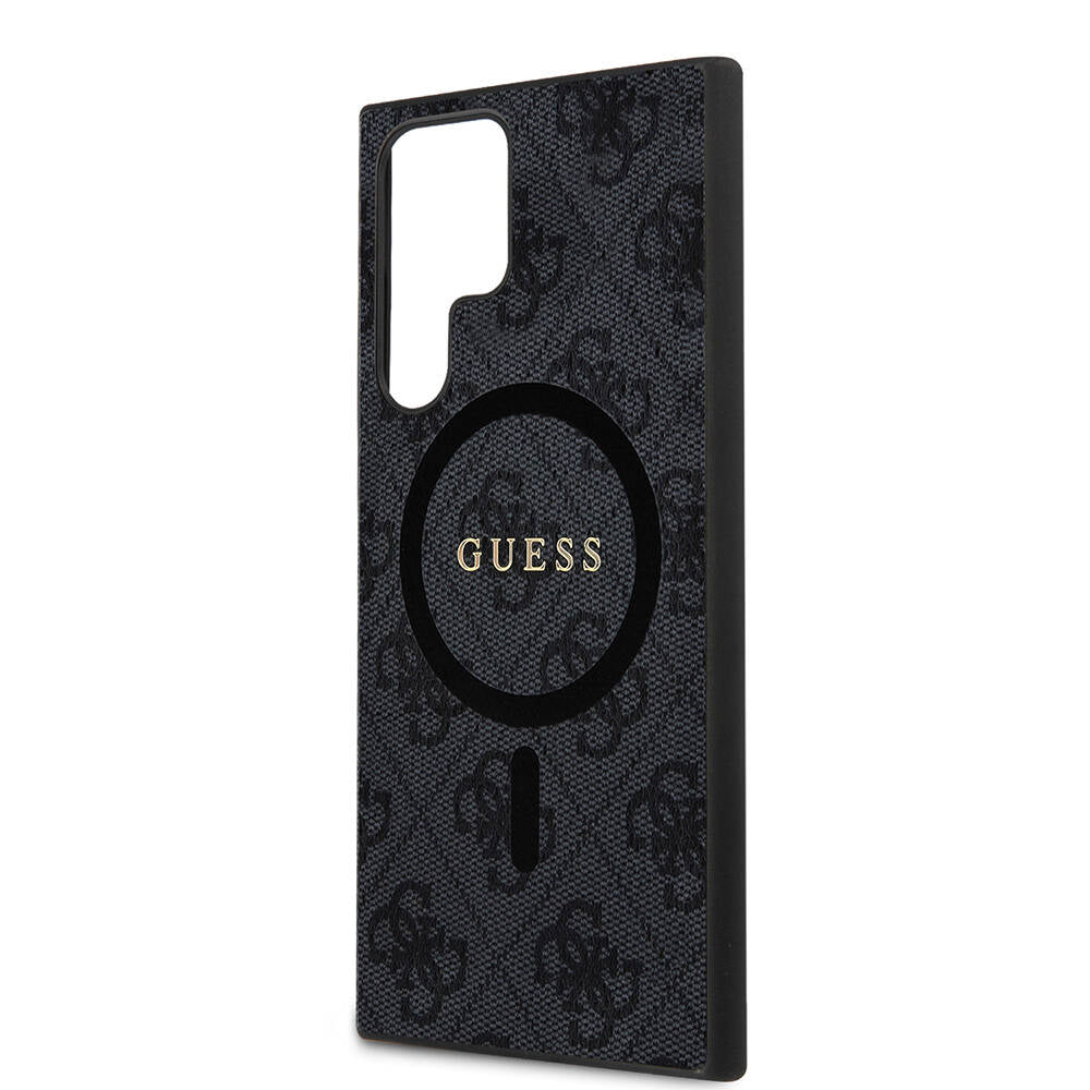 Galaxy S24 Ultra Case Guess Original Licensed M-safe Charging Feature PU Ring 4G Patterned Text Logo Cover Brown