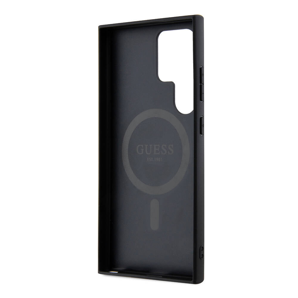 Galaxy S24 Ultra Case Guess Original Licensed M-safe Charging Feature PU Ring 4G Patterned Text Logo Cover Brown
