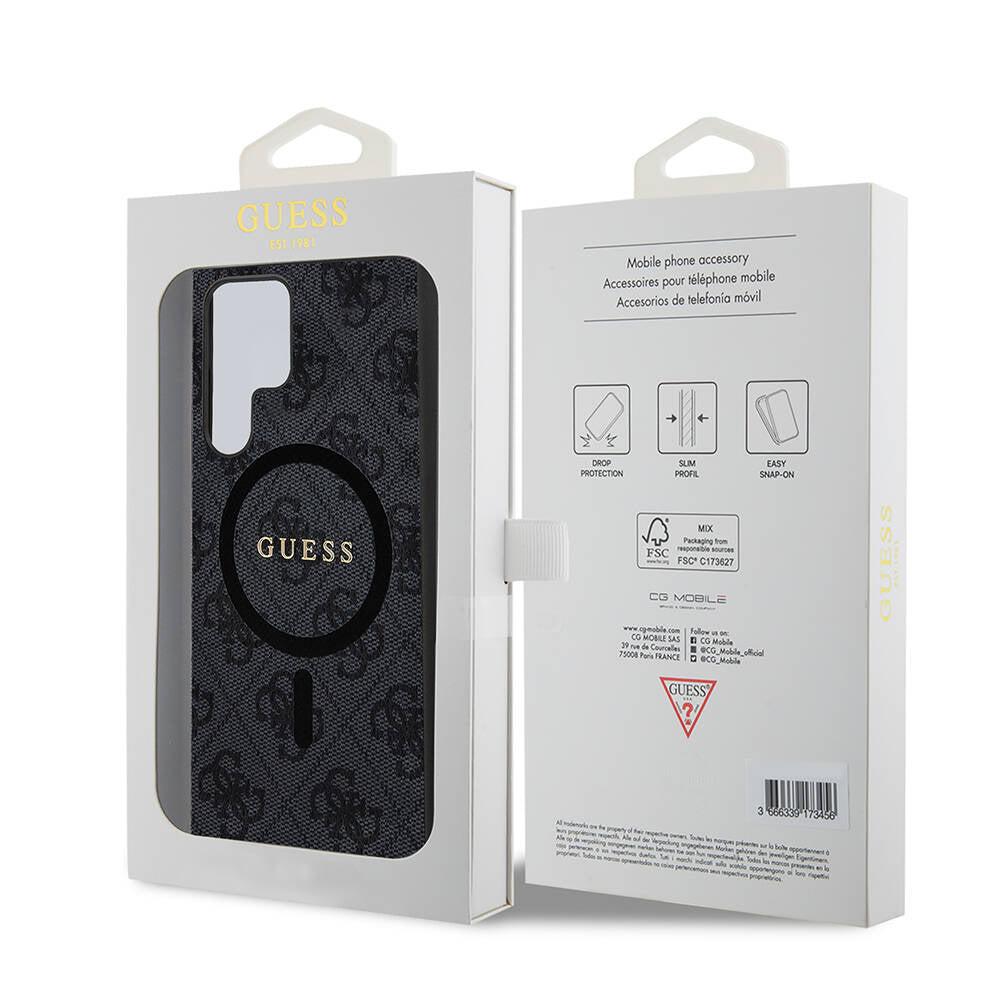 Galaxy S24 Ultra Case Guess Original Licensed M-safe Charging Feature PU Ring 4G Patterned Text Logo Cover Brown