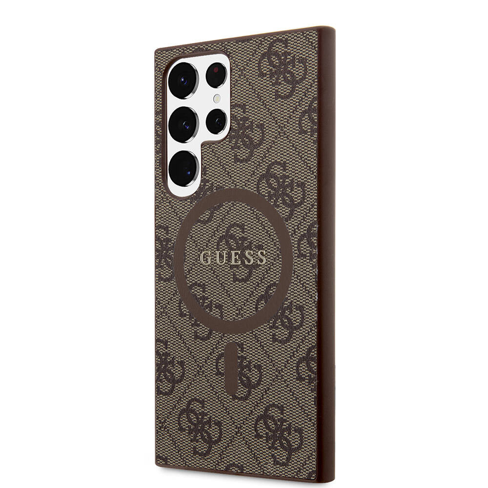 Galaxy S24 Ultra Case Guess Original Licensed M-safe Charging Feature PU Ring 4G Patterned Text Logo Cover Black