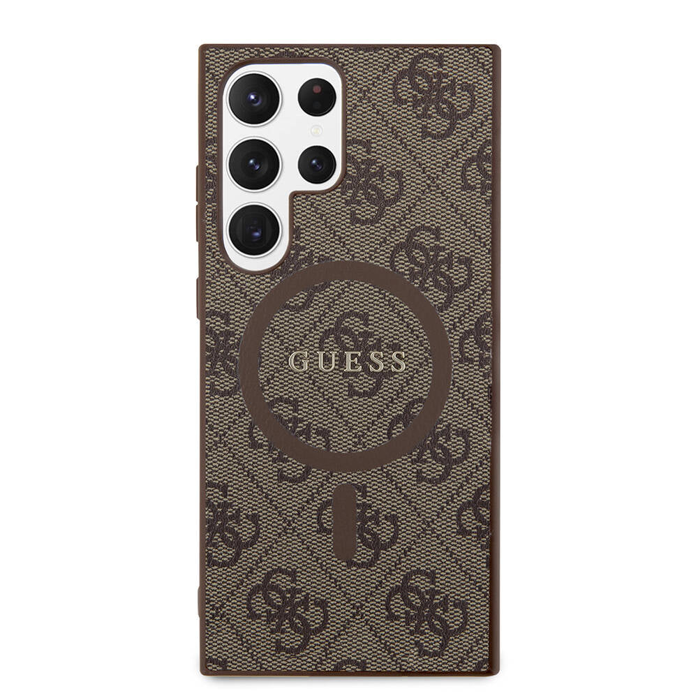 Galaxy S24 Ultra Case Guess Original Licensed M-safe Charging Feature PU Ring 4G Patterned Text Logo Cover Black