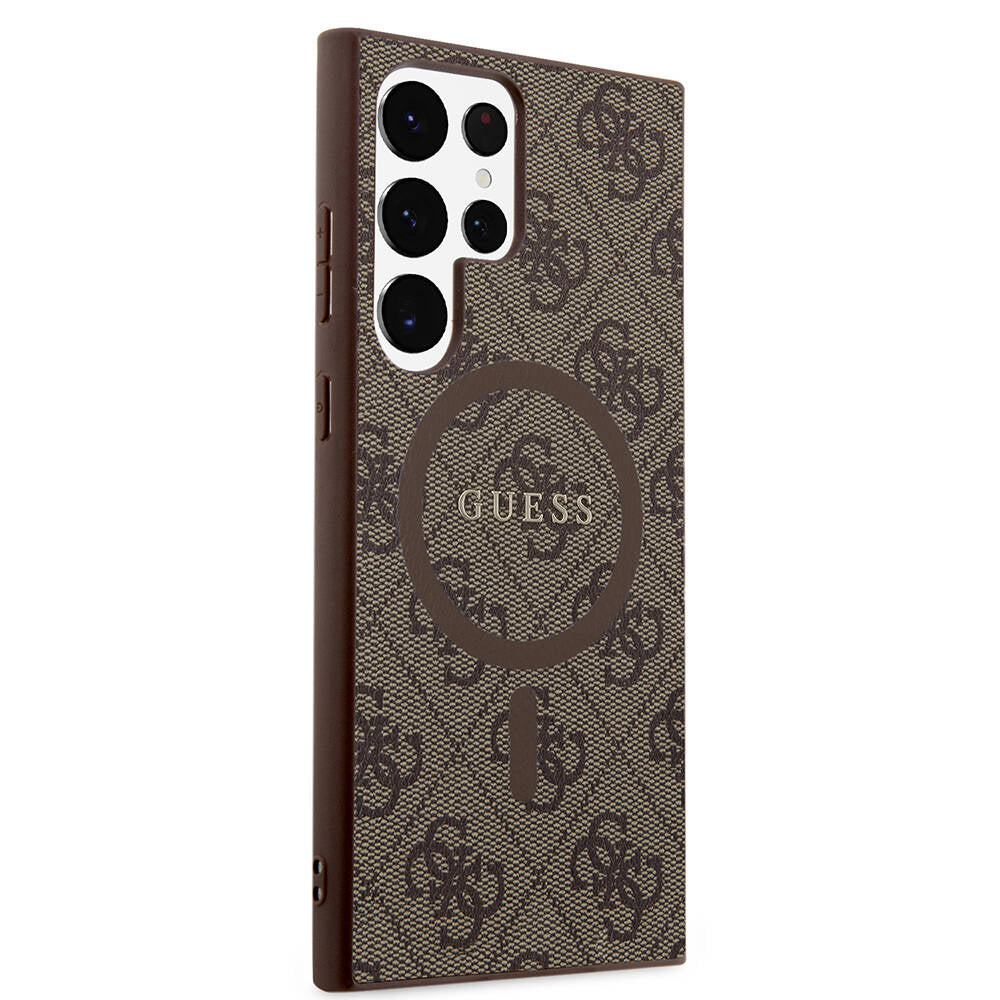 Galaxy S24 Ultra Case Guess Original Licensed M-safe Charging Feature PU Ring 4G Patterned Text Logo Cover Black
