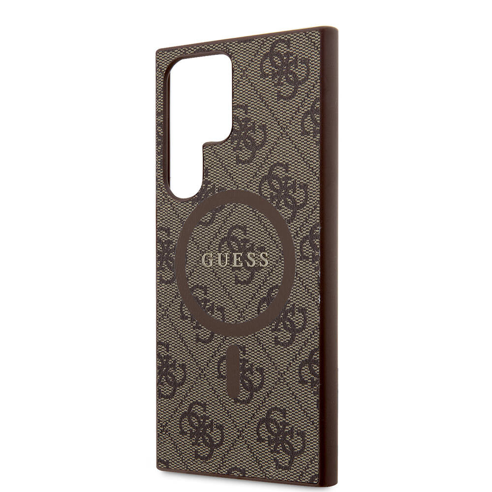 Galaxy S24 Ultra Case Guess Original Licensed M-safe Charging Feature PU Ring 4G Patterned Text Logo Cover Brown
