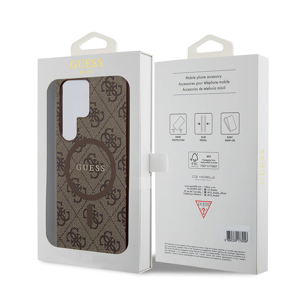 Galaxy S24 Ultra Case Guess Original Licensed M-safe Charging Feature PU Ring 4G Patterned Text Logo Cover Black