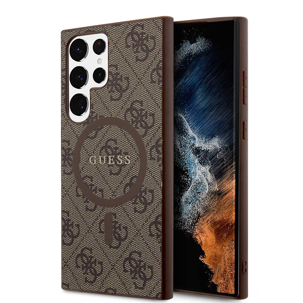 Galaxy S24 Ultra Case Guess Original Licensed M-safe Charging Feature PU Ring 4G Patterned Text Logo Cover Brown