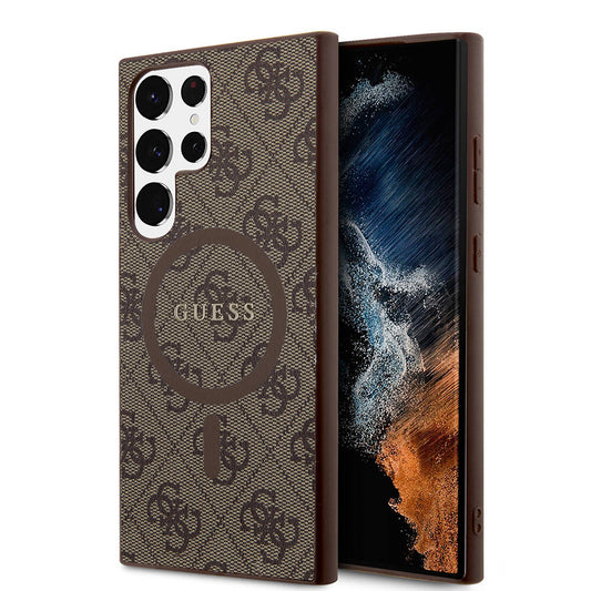 Galaxy S24 Ultra Case Guess Original Licensed M-safe Charging Feature PU Ring 4G Patterned Text Logo Cover Brown