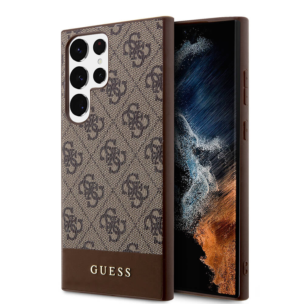 Galaxy S24 Ultra Case Guess Original Licensed PU Leather Stripe Logo Design Cover Brown