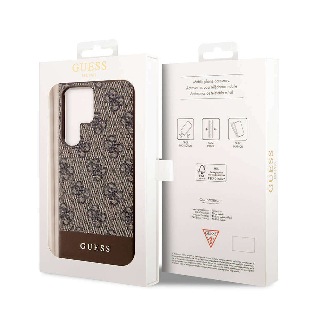 Galaxy S24 Ultra Case Guess Original Licensed PU Leather Stripe Logo Design Cover Brown