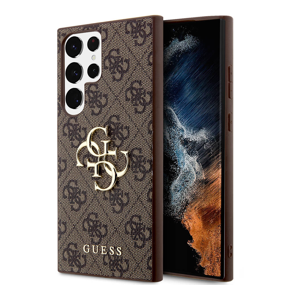 Galaxy S24 Ultra Case Guess Original Licensed PU Leather Cover with Text and 4G Metal Logo Pattern Brown
