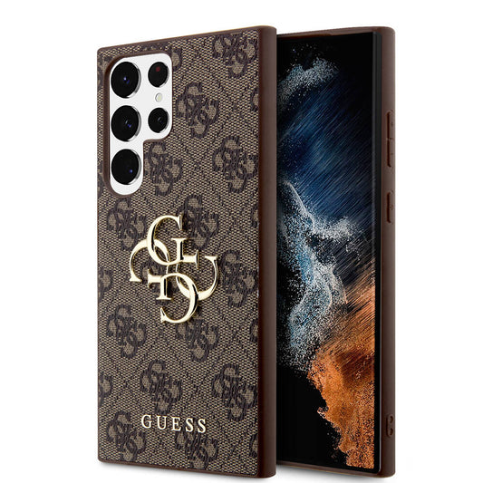 Galaxy S24 Ultra Case Guess Original Licensed PU Leather Cover with Text and 4G Metal Logo Pattern Brown