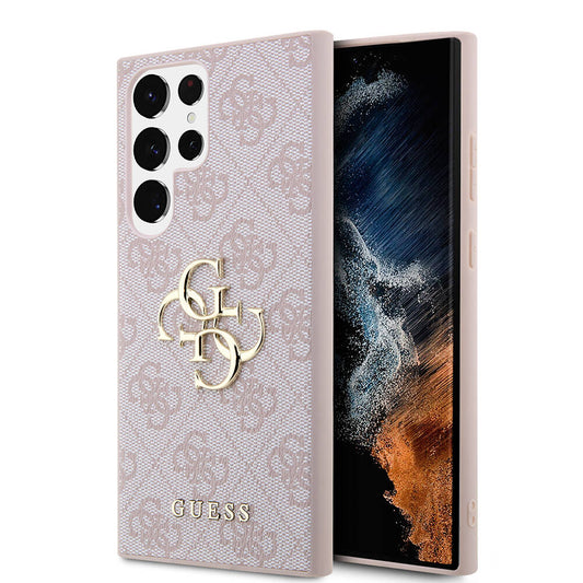 Galaxy S24 Ultra Case Guess Original Licensed PU Leather Cover with Text and 4G Metal Logo Pattern Pink