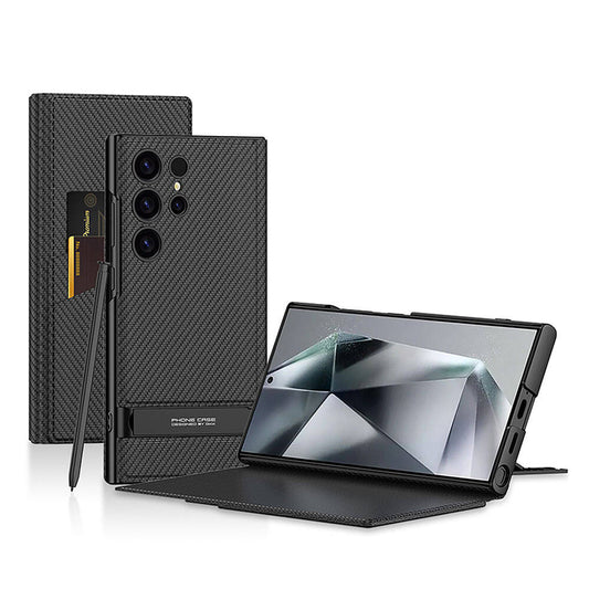 Galaxy S24 Ultra Camera Protection Carbon Design Zore Droga Stand Card Holder Cover Case Black Carbon